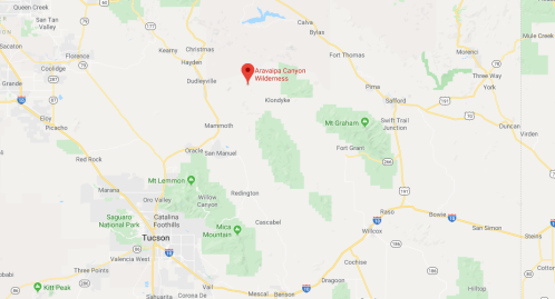 Map showing the location of Aravaipa Canyon Wilderness near Tucson, Arizona, with surrounding towns and landmarks.