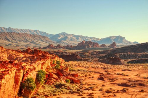 A vast desert landscape with red rock formations, mountains in the background, and sparse vegetation under a clear sky.