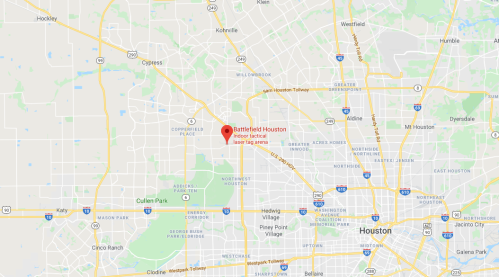 Map showing the location of Battlefield Houston, an indoor tactical laser tag arena in Houston, Texas.