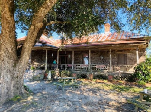 A rustic wooden house with a metal roof, surrounded by trees and picnic tables in a sunny outdoor setting.