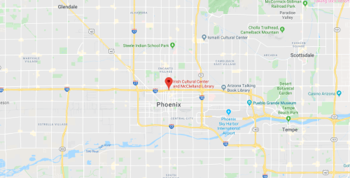 Map showing the location of the Irish Cultural Center and McClelland Library in Phoenix, Arizona.