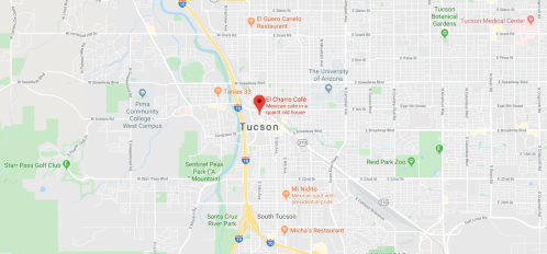 Map of Tucson, Arizona, highlighting various locations including restaurants, parks, and the university.