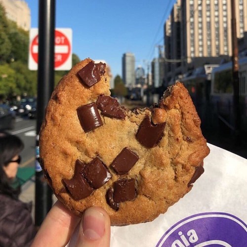 A hand holds a chocolate chip cookie with a bite taken out, set against a city street backdrop.