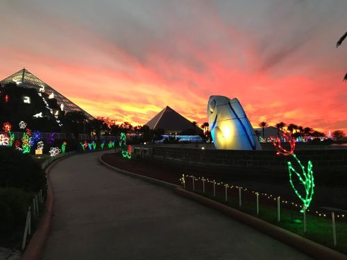 Colorful sunset over pyramids, with vibrant holiday lights and decorations lining the pathway.