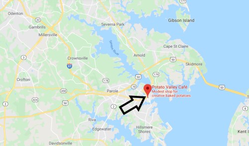 Map showing the location of Potato Valley Café, a modest stop for creative baked potatoes near Parole, Maryland.
