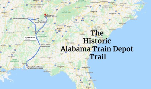 Map showing the Historic Alabama Train Depot Trail, highlighting routes to various train museums in the southeastern U.S.