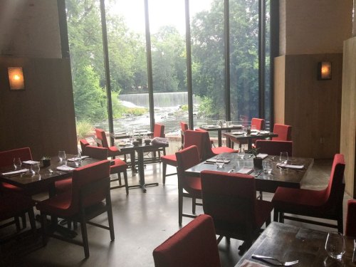 A modern restaurant interior with red chairs, wooden tables, and large windows overlooking a serene outdoor view.