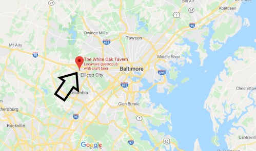 Map showing the location of The White Oak Tavern, a gastropub in Columbia, near Baltimore, Maryland.