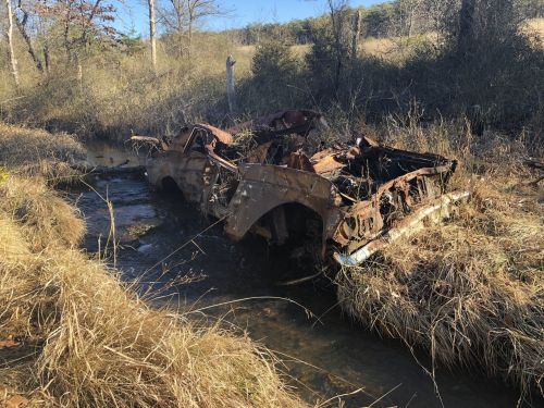A rusted, abandoned car partially submerged in a stream, surrounded by tall grass and trees.
