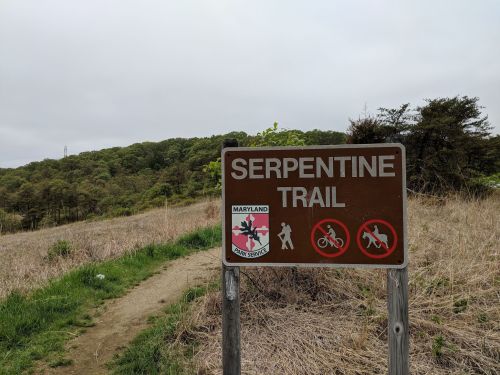 Sign for Serpentine Trail with icons indicating no biking or horseback riding, surrounded by grassy terrain and trees.