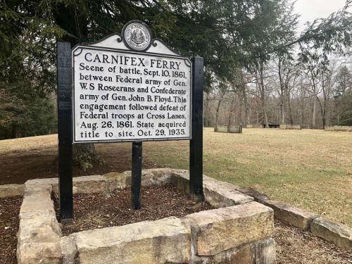 Historical marker for the Carnifex Ferry battle site, detailing events from September 10, 1861.