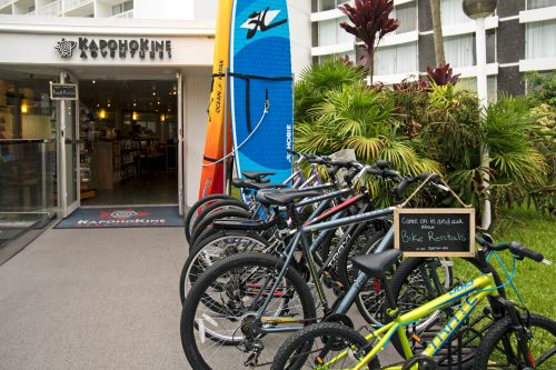 Bicycles lined up outside KapohoKine Adventures, with surfboards displayed nearby and tropical plants in the background.