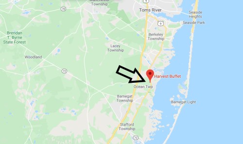 Map showing Ocean Township with a marker for Harvest Buffet, near the coast of New Jersey.