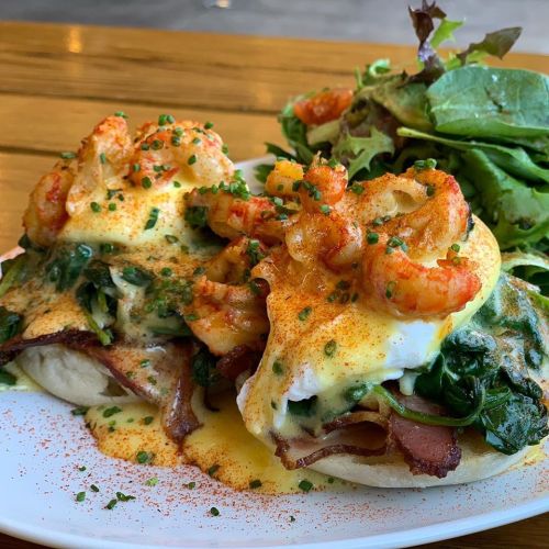 Two eggs Benedict topped with shrimp, spinach, and hollandaise sauce, served with a side salad.