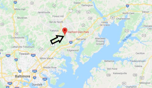 Map showing Harford Glen Park location near Fallston, Maryland, with nearby roads and landmarks indicated.