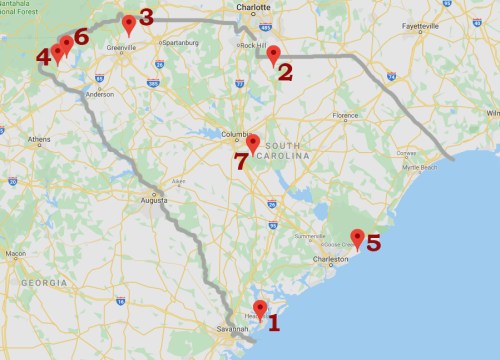 Map of South Carolina and Georgia with numbered locations indicating points of interest or stops along a route.