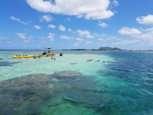A sunny beach scene with people kayaking and snorkeling in clear blue waters, surrounded by rocky formations and distant land.