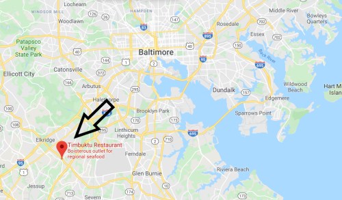 Map showing Baltimore area with an arrow pointing to Timbuktu Restaurant, a seafood outlet in Elkridge.