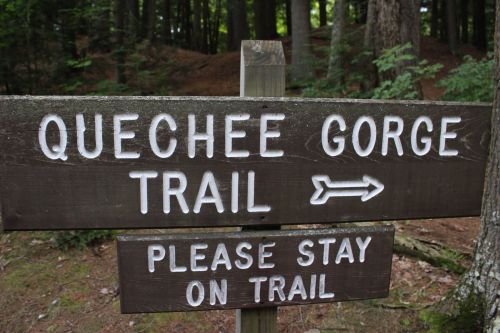 Sign for Quechee Gorge Trail with an arrow pointing left, instructing to please stay on the trail. Surrounded by trees.