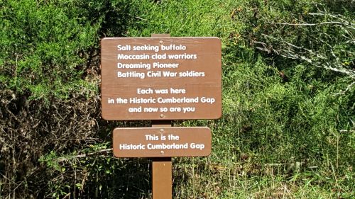 Sign at the Historic Cumberland Gap, honoring buffalo, pioneers, and Civil War soldiers.
