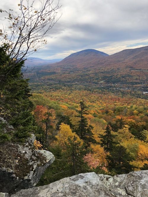 A scenic view from a rocky ledge, showcasing a vibrant autumn landscape with mountains and colorful foliage.