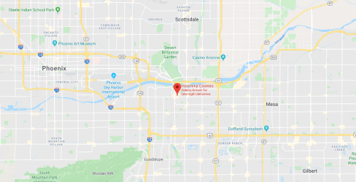 Map showing the location of Insomnia Cookies in Phoenix, known for late-night cookie deliveries.