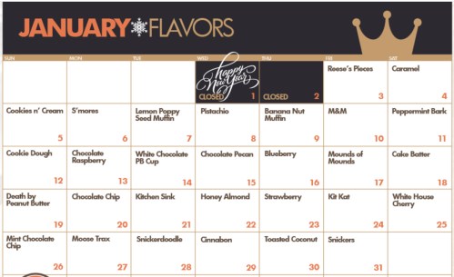 A calendar for January featuring various flavors and treats, with specific items listed for each day of the month.