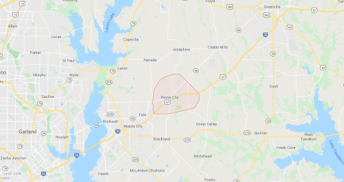 Map showing Royse City, Texas, with surrounding areas and highways, including I-30 and US-66.