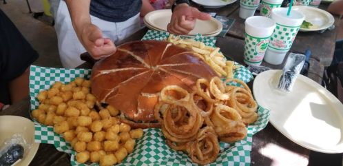 A large burger surrounded by onion rings, tater tots, and fries, served on a green checkered tray.