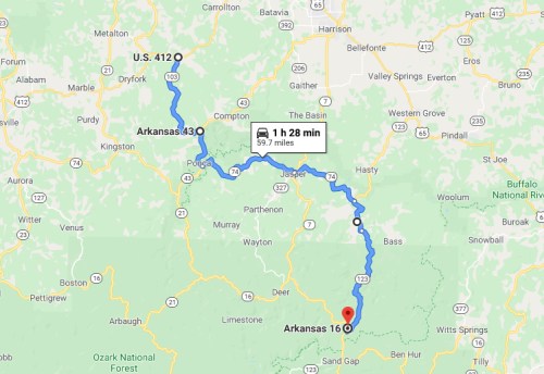 Map showing a route from Arkansas 16 to U.S. 412, highlighting a 1 hour 28 minute drive over 59.7 miles.