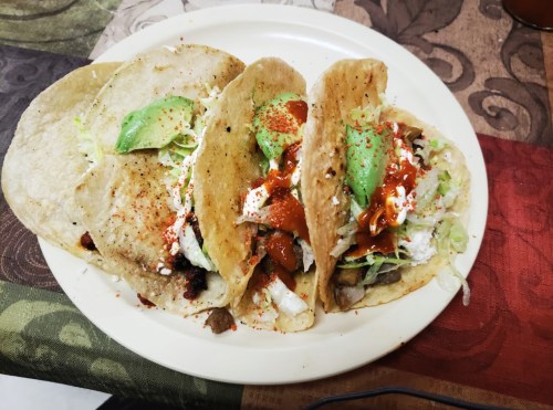 Three tacos on a plate, filled with meat, lettuce, tomatoes, avocado, and topped with sauce and spices.