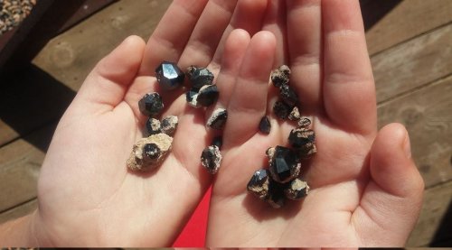 Two hands holding various black crystals and stones, some with rough edges, on a wooden surface.