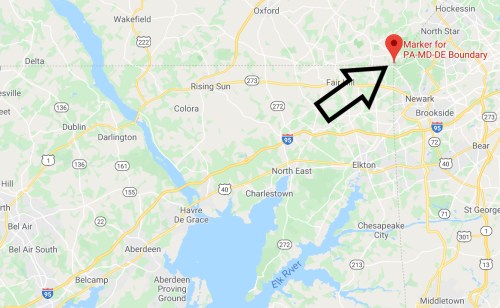 Map showing the PA-MD-DE boundary with a marker indicating its location.