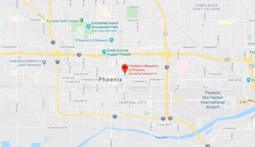 Map of Phoenix, Arizona, highlighting the Children's Museum of Phoenix and nearby landmarks.