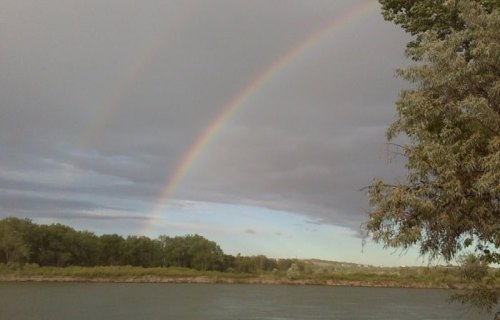 A vibrant rainbow arcs over a calm river, framed by trees and a cloudy sky.