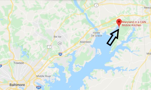 Map showing Maryland with a marker for "Maryland in a CAN Mobile Kitchen" near Havre de Grace.