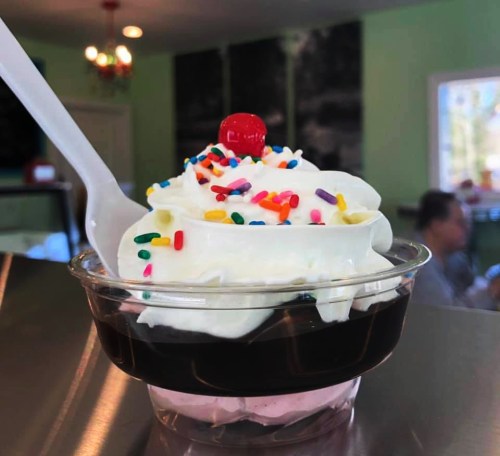 A delicious sundae in a clear cup, featuring chocolate sauce, whipped cream, sprinkles, and a cherry on top.