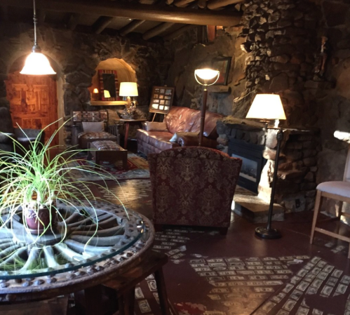 Cozy living room with stone walls, vintage furniture, and warm lighting, featuring a plant centerpiece and a fireplace.