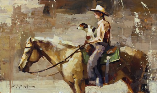 A cowboy on a horse with a dog beside him, depicted in a colorful, impressionistic painting style.