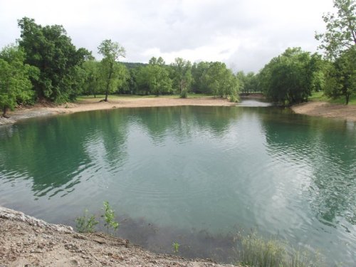 A serene pond surrounded by lush green trees and a sandy shore under a cloudy sky.