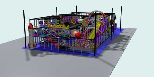 A colorful indoor play structure featuring slides, climbing areas, and various play equipment on a blue floor.