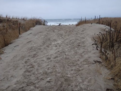 Sandy path leading to a beach, bordered by grass and wooden posts, under a cloudy sky.