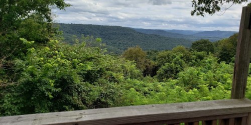 Lush green landscape with rolling hills under a cloudy sky, viewed from a wooden deck.