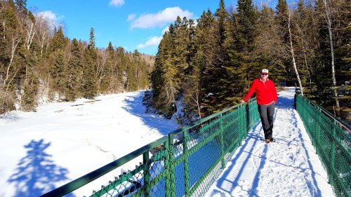 A person in a red jacket stands on a snowy bridge surrounded by trees and a frozen river under a clear blue sky.