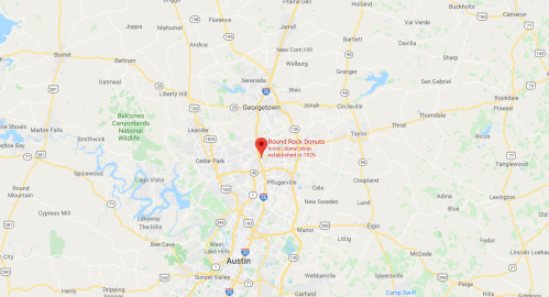 Map showing the location of Round Rock Donuts near Austin, Texas, established in 1926.