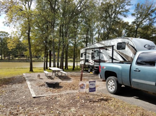 A campsite with a parked truck, a travel trailer, a picnic table, and a fire pit surrounded by trees.