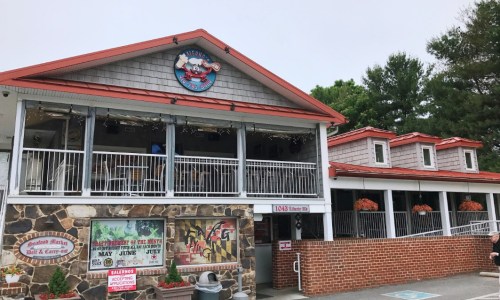A rustic restaurant with a red roof, stone facade, and outdoor seating, surrounded by greenery and colorful flower pots.