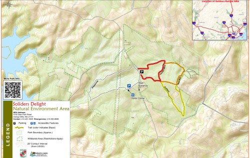 Map of Soldiers Delight Natural Environment Area, showing trails, park boundaries, and key features. Insets for location.