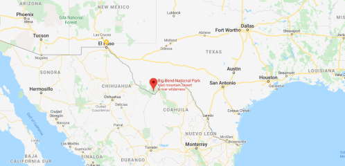 Map showing the location of Big Bend National Park in Texas, near the border with Mexico.