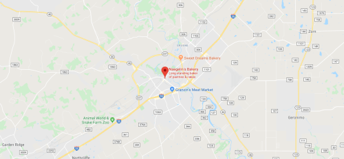 Map showing locations of Neapolitan's Bakery, Sweet Dreams Bakery, and Granzin's Meat Market in a central area.